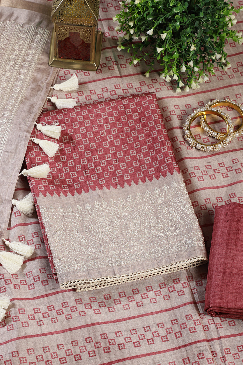 Copper Rust Tussar Cotton Printed And Reham Embroidered Unstiched Suit Material