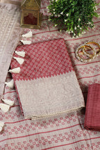 Copper Rust Tussar Cotton Printed And Reham Embroidered Unstiched Suit Material