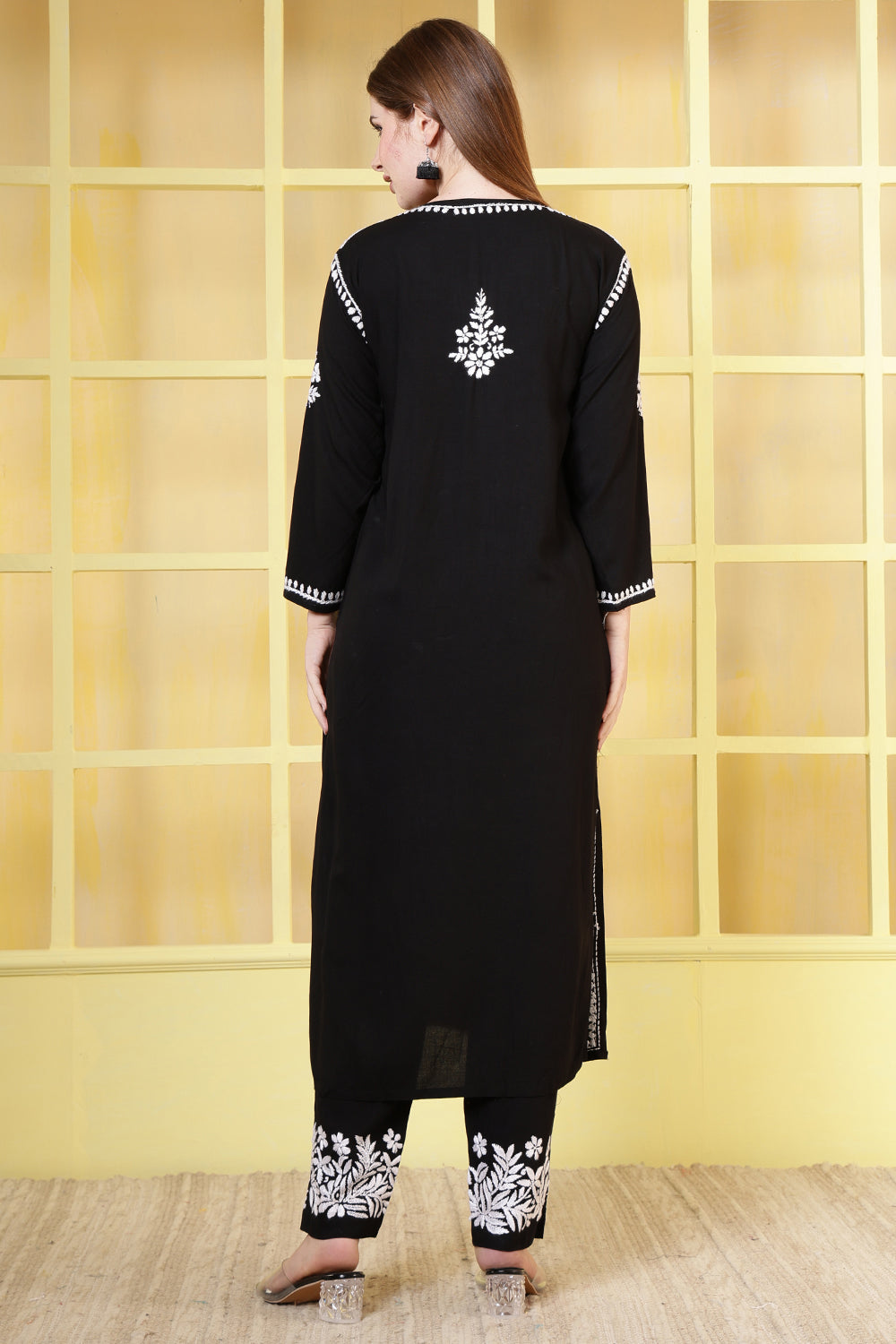 Black Rayon Resham Embroidered Kurti Set