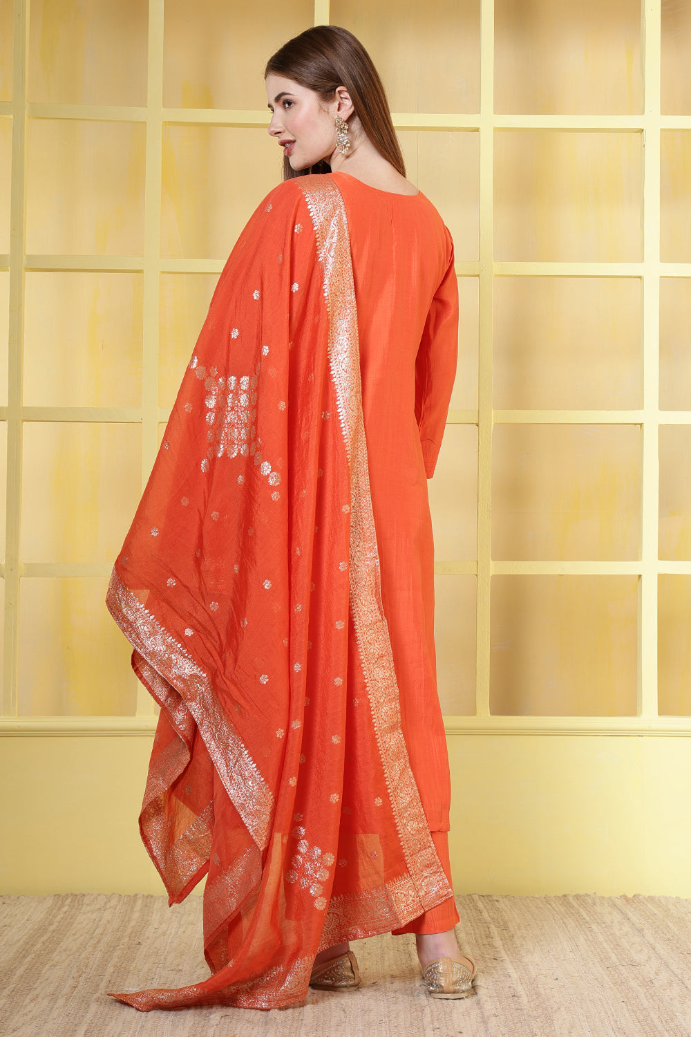 Orange Chanderi Silk Neck-Embroidered Suits