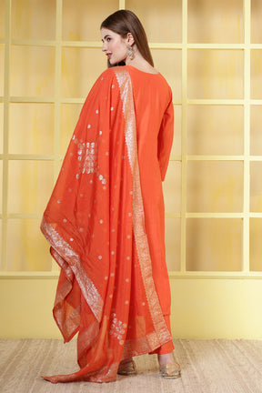 Orange Chanderi Silk Neck-Embroidered Suits