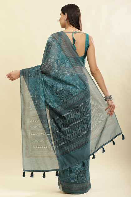 Teal Blue Cotton Silk Printed Saree