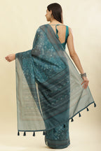 Teal Blue Cotton Silk Printed Saree
