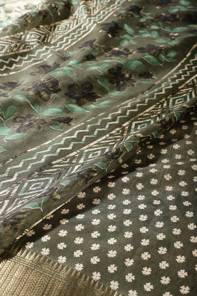 Green & Cream Colour Floral Printed Cotton Silk Saree