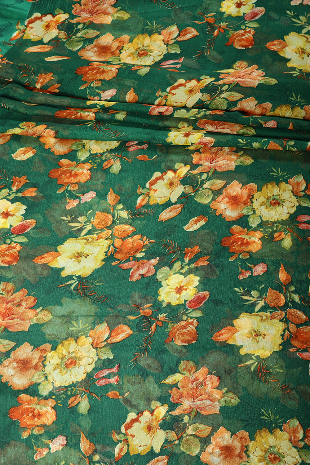 Bottle Green Color Floral Printed Chiffon Saree