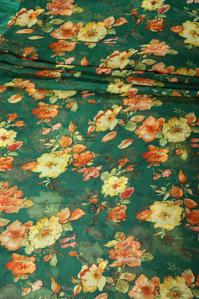 Bottle Green Color Floral Printed Chiffon Saree