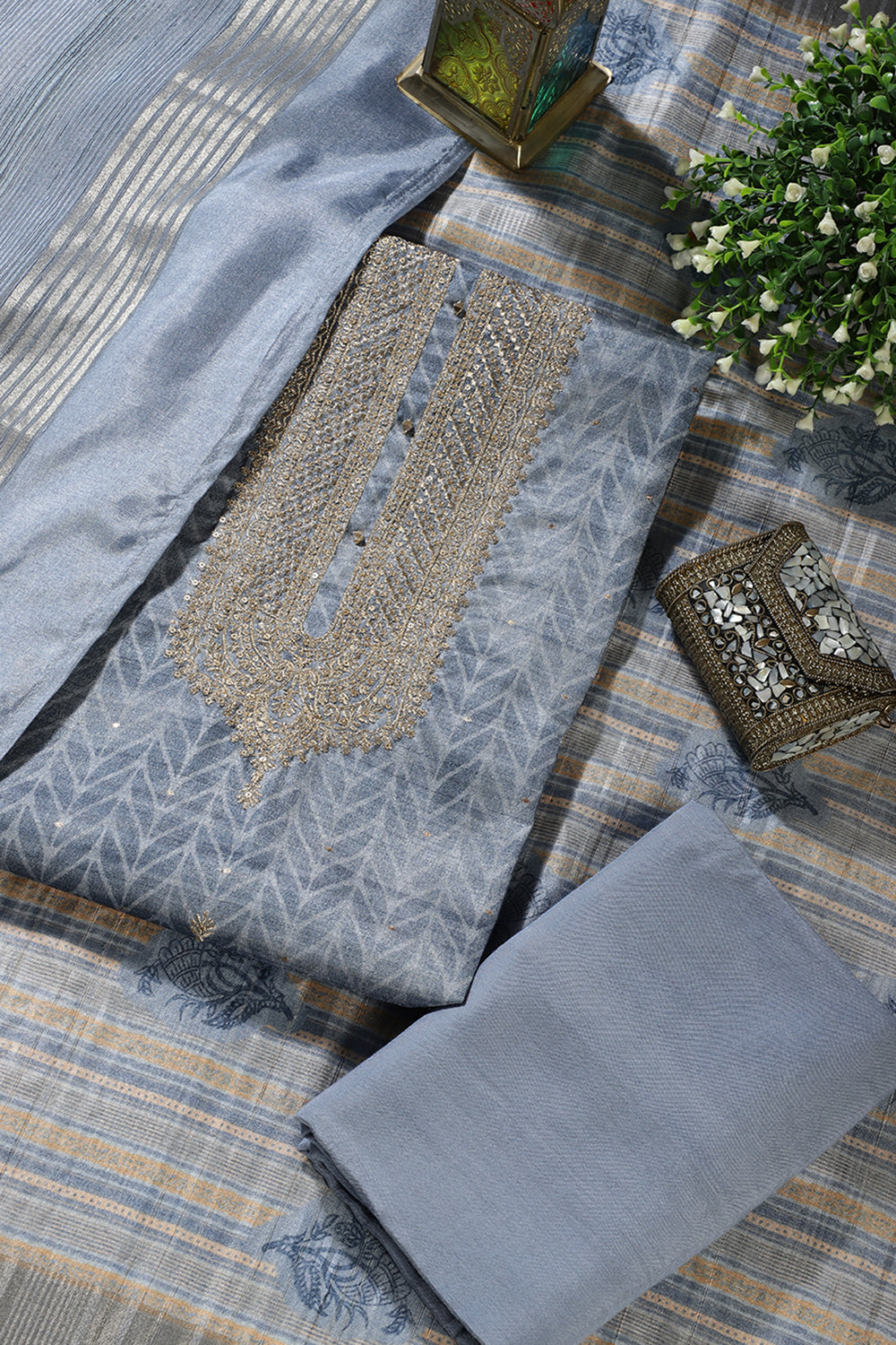 Blue Tussar Silk Neck Zari Embroidered & Printed Unstitched Suit Fabric