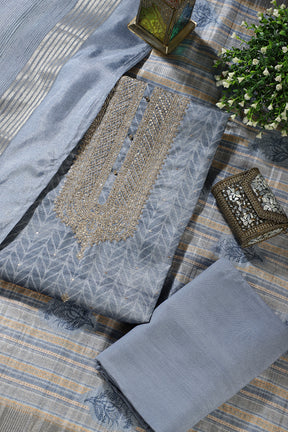 Blue Tussar Silk Neck Zari Embroidered & Printed Unstitched Suit Fabric