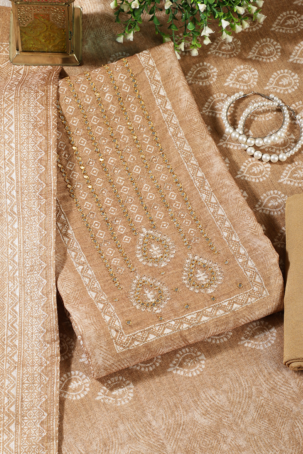 Light Brown Chanderi Silk Mirror Worked Unstitched Suit Material