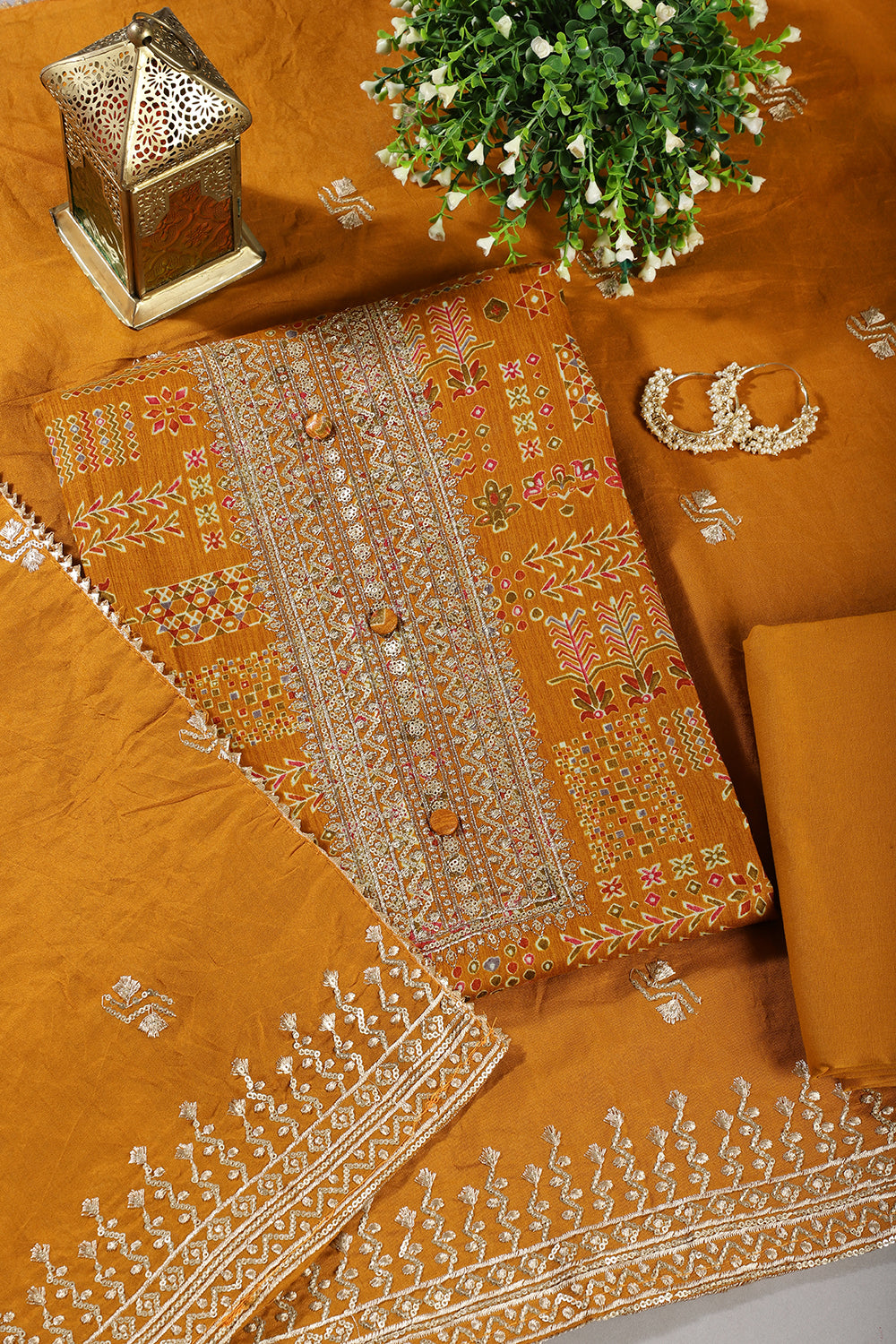 Mustard Digital Printed & Neck Embroidered Cotton Unstitched Suit