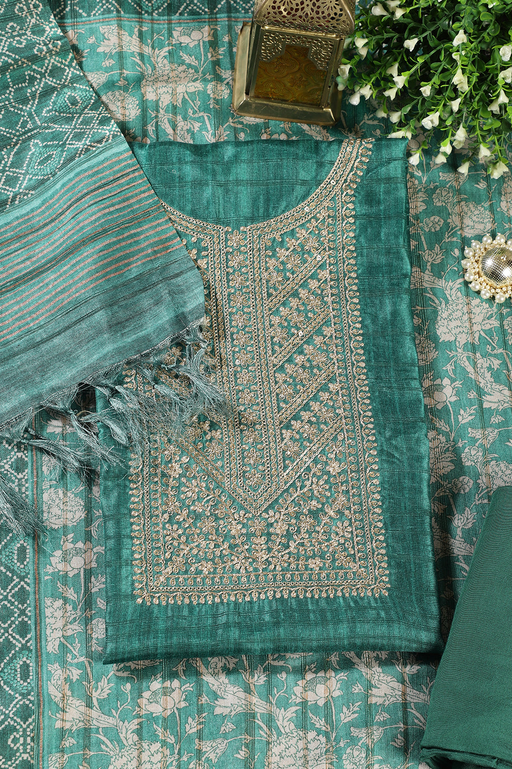 Green Tussar Silk Neck Zari Embroidered Unstitched Suit