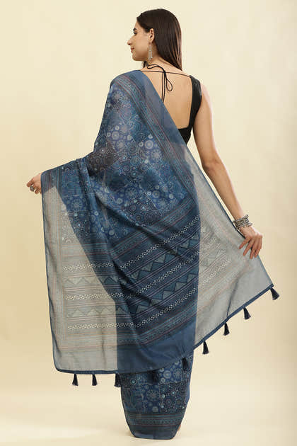 Blue Cotton Silk Printed Saree