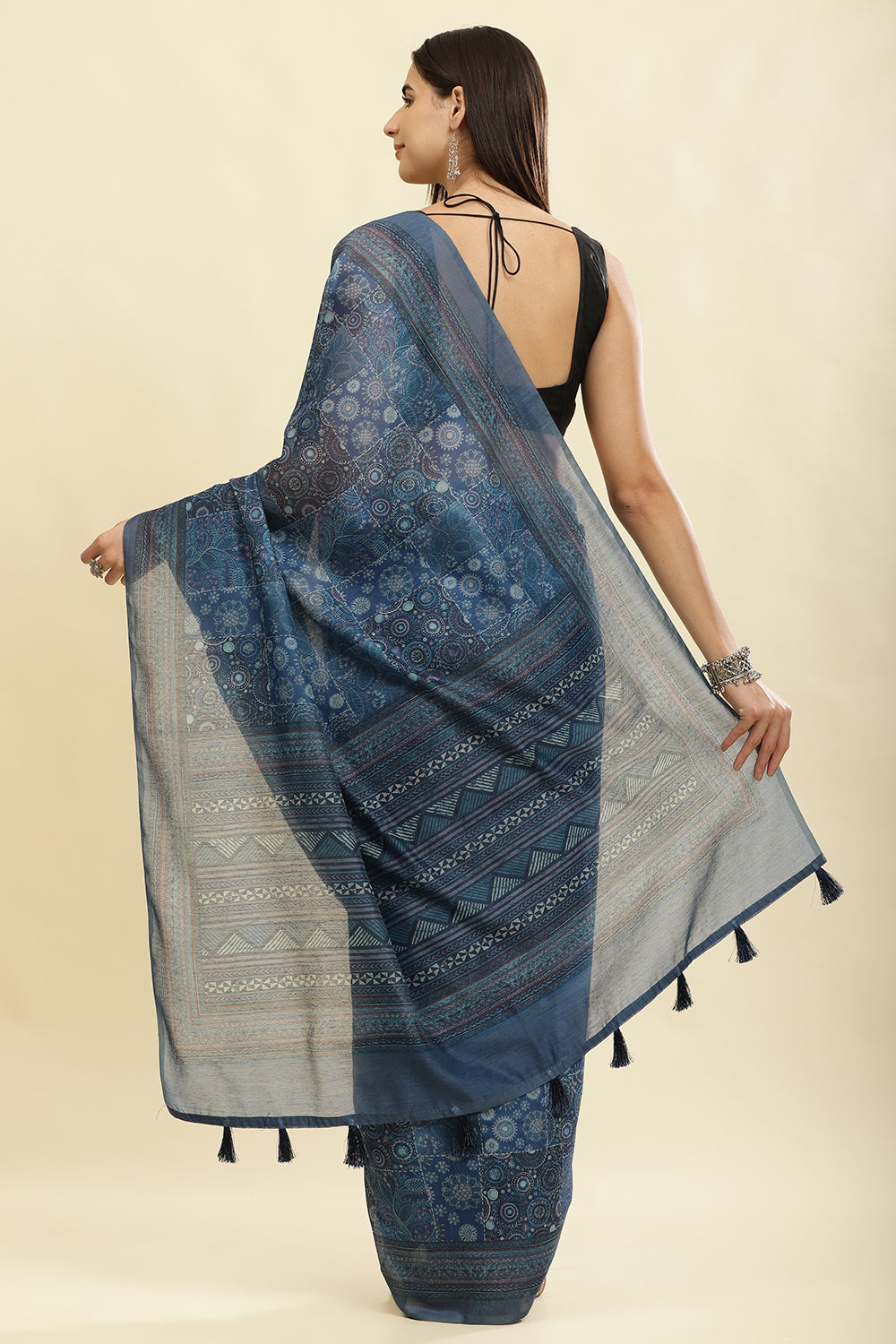 Blue Cotton Silk Printed Saree