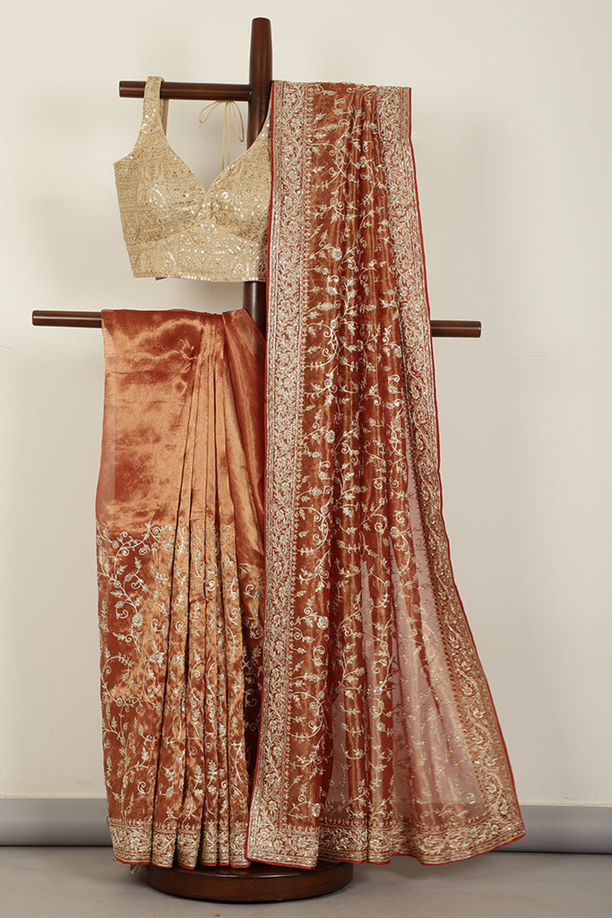 Copper Gold Pure Tissue Silk Saree with Aari & Zardozi Handwork