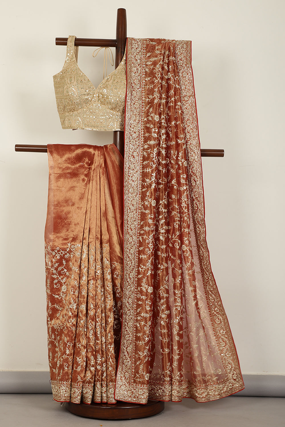Copper Gold Pure Tissue Silk Saree with Aari & Zardozi Handwork