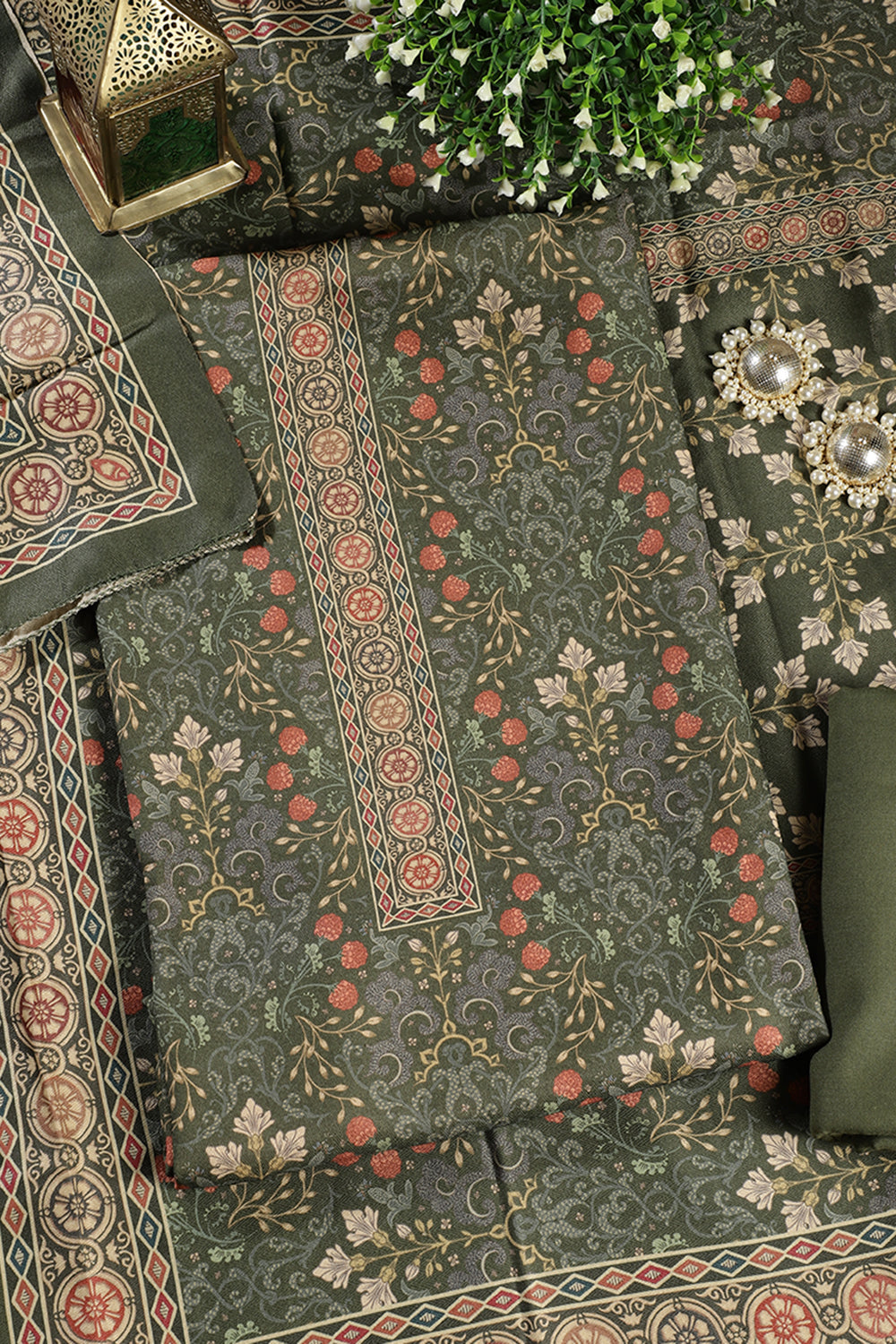 Green Digital Printed Pashmina Unstitched Suit Fabric