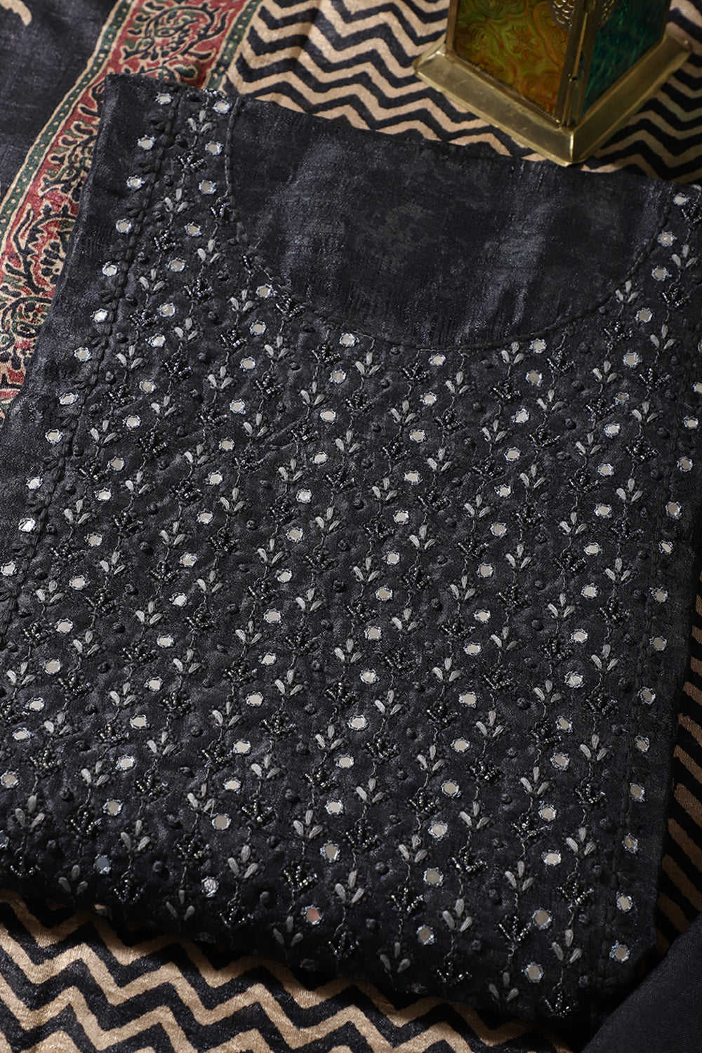 Black Tissue Silk Mirror & Resham work Unstitched Suit Material