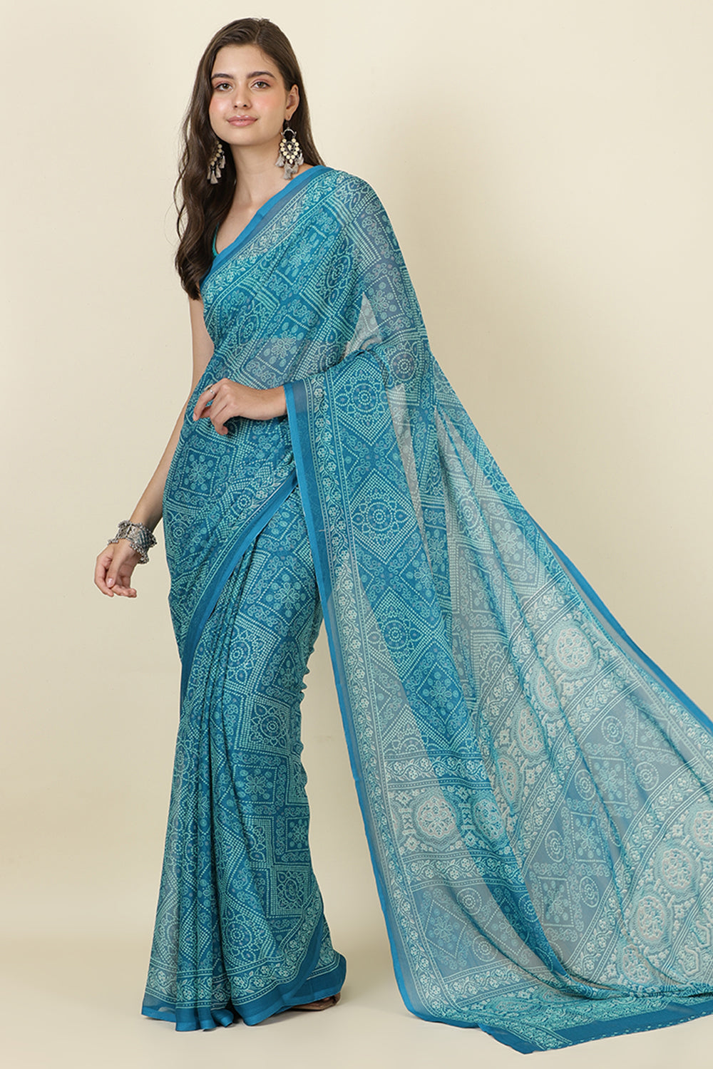 Teal Blue Georgette Bandhani Printed Saree