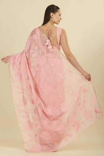 Pink Cotton Floral Resham Embroidered Saree