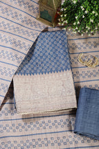 Blue Tussar Cotton Printed And Reham Embroidered Unstiched Suit Material