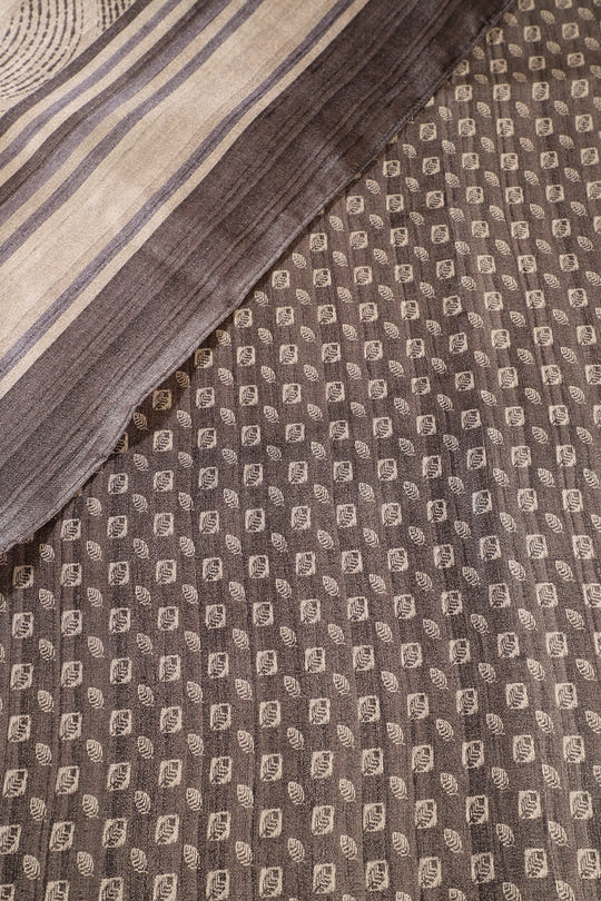 Beige & Sage Green Tussar Silk Printed Saree