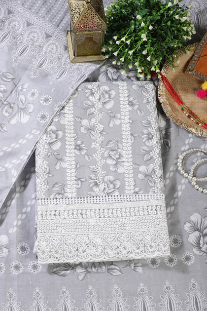 Grey Cotton Floral Printed And Resham Embroidered Unstitched Suit Material