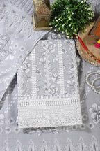 Grey Cotton Floral Printed And Resham Embroidered Unstitched Suit Material
