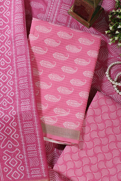Pink Cotton Boota Block Print Unstitched Suit Fabric