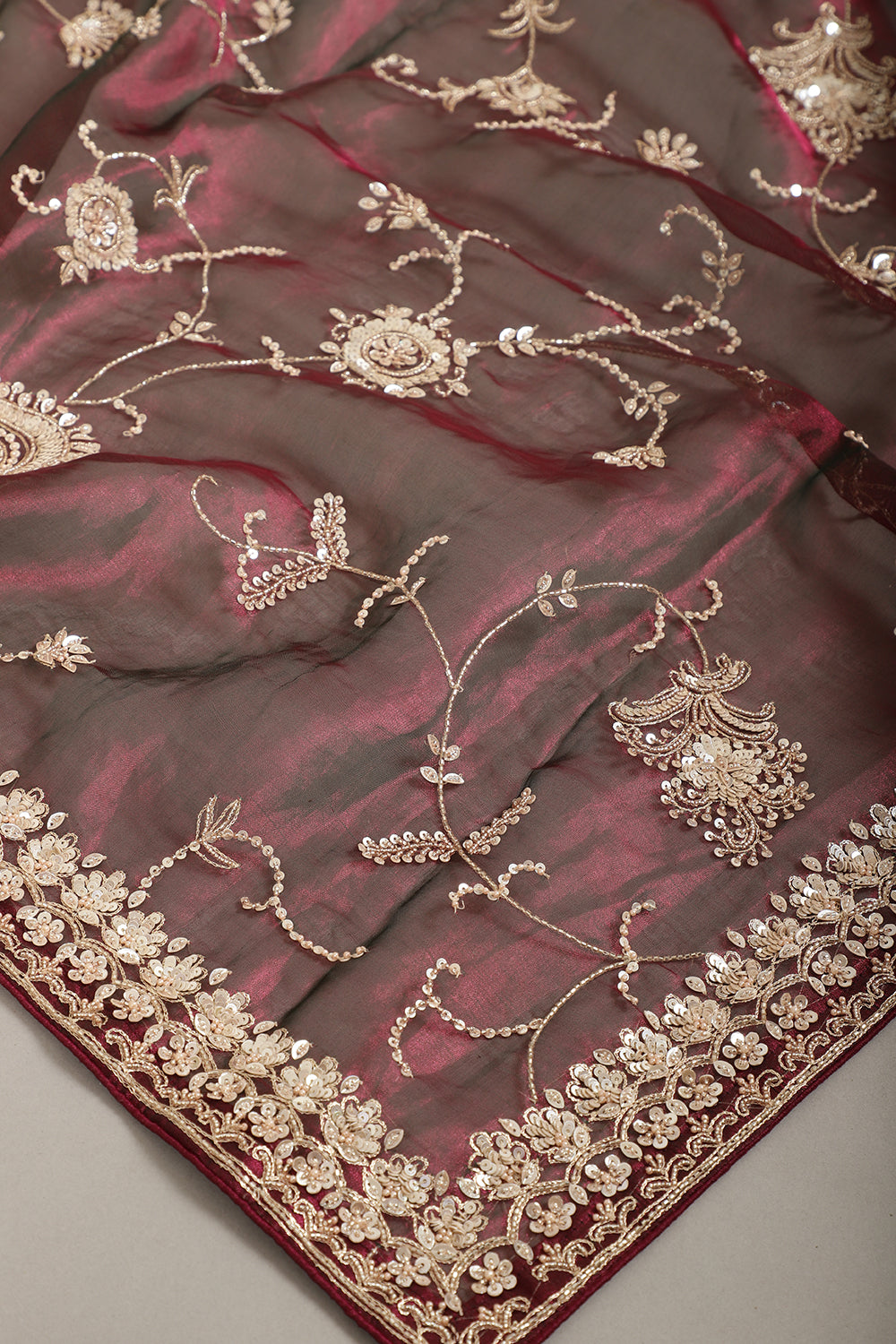 Wine Pure Tissue Silk Saree with Pearl and Zardozi Handwork