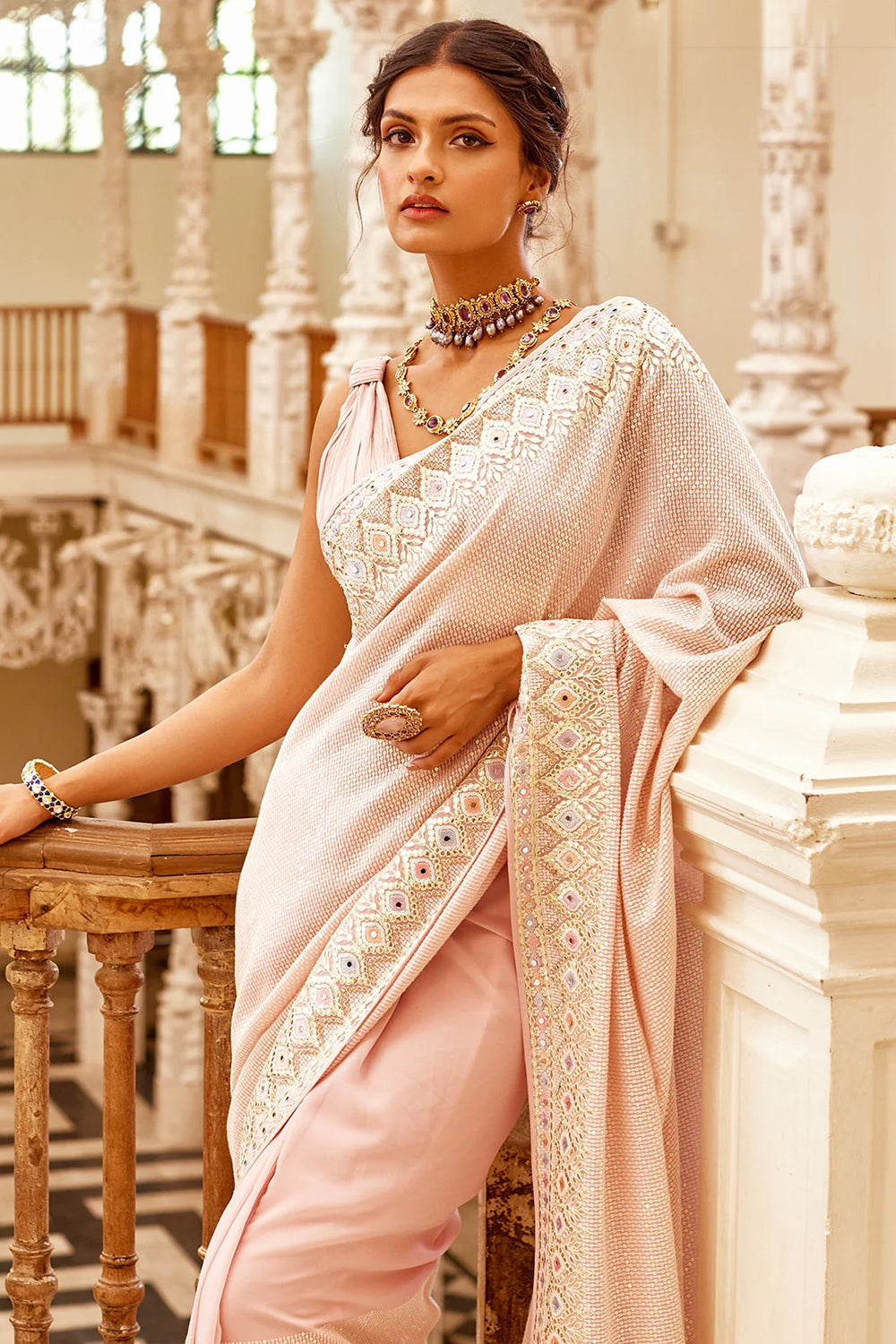 Pink Colour Georgette Embroidered Saree