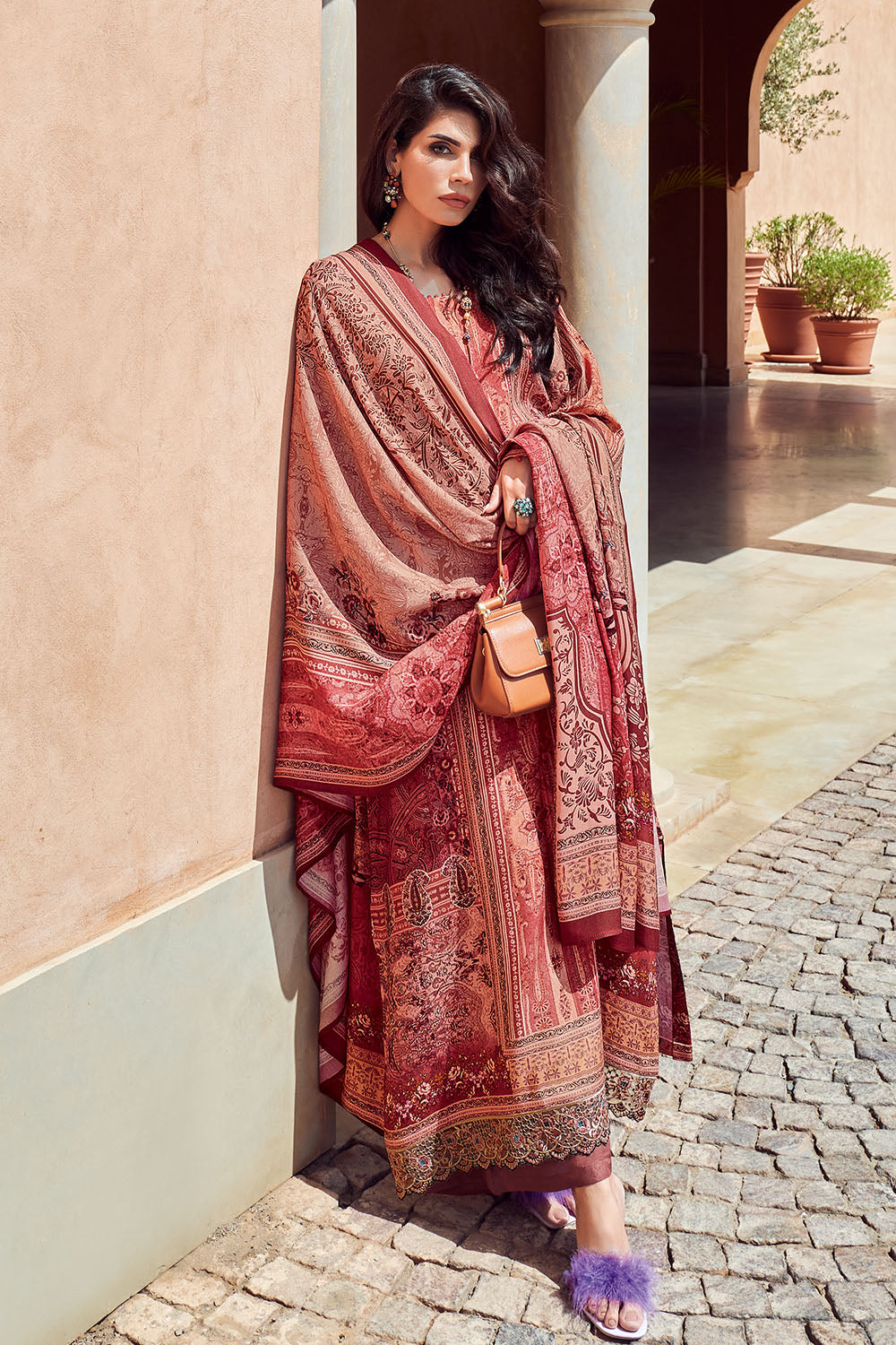 Rust Color Muslin Printed Unstitched Suit Material