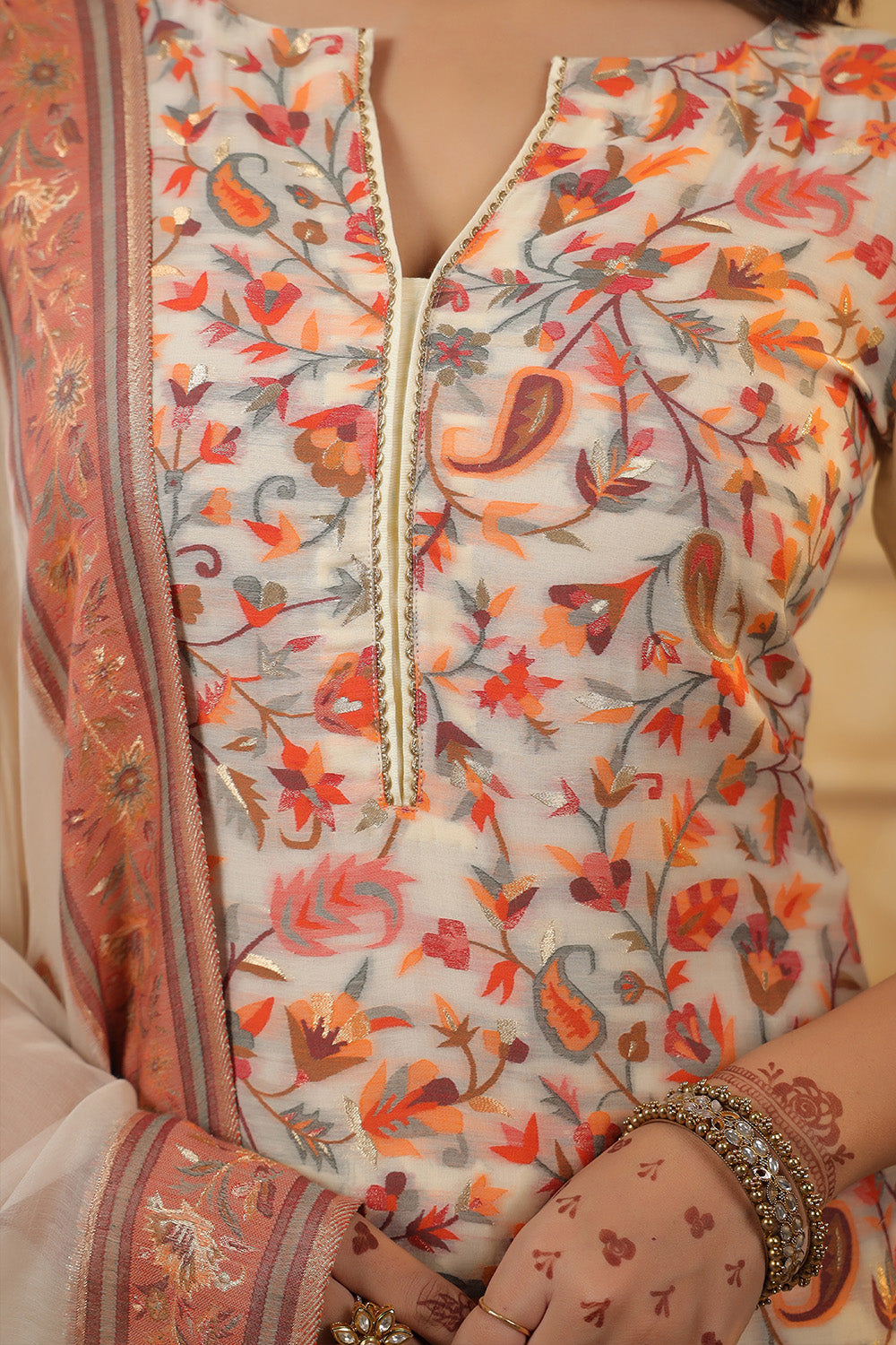 Cream Color Meena-Kaari Woven Chanderi Suit