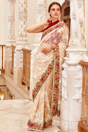 Cream Color Organza Embroidered Saree