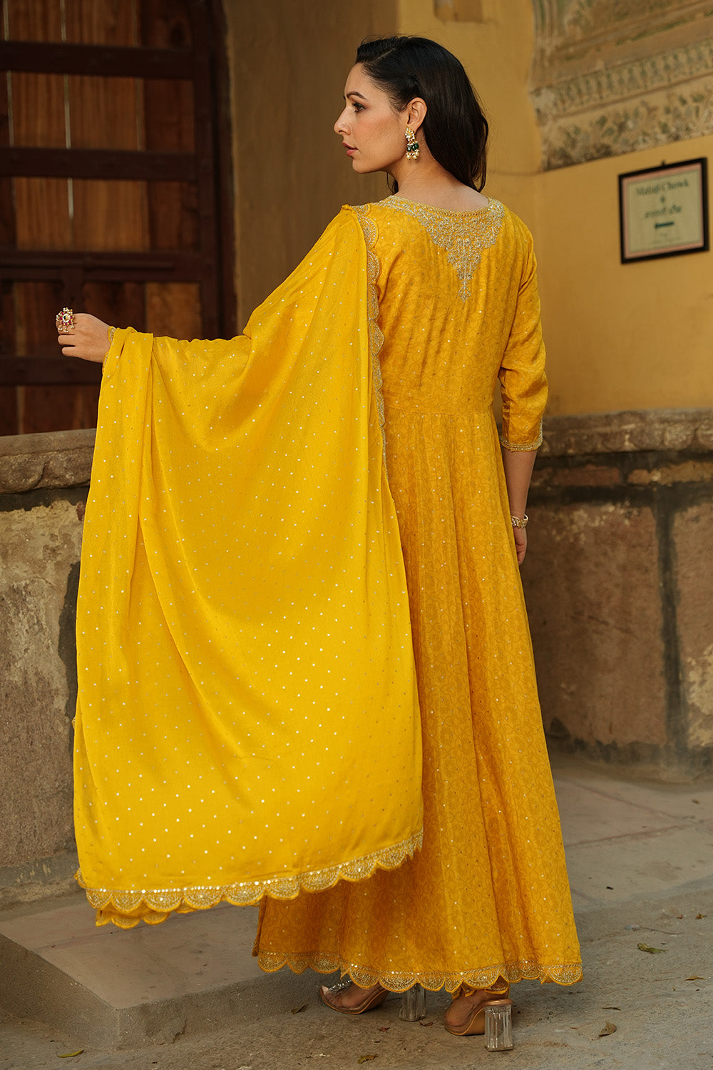 Mustard Color Muslin Zari Embroidered Anarkali Suit