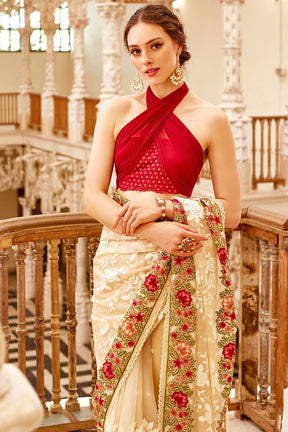 Cream Color Organza Embroidered Saree