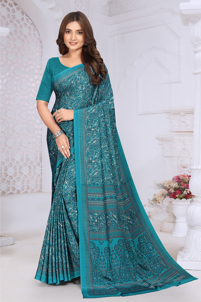Teal Blue Crepe Printed Saree