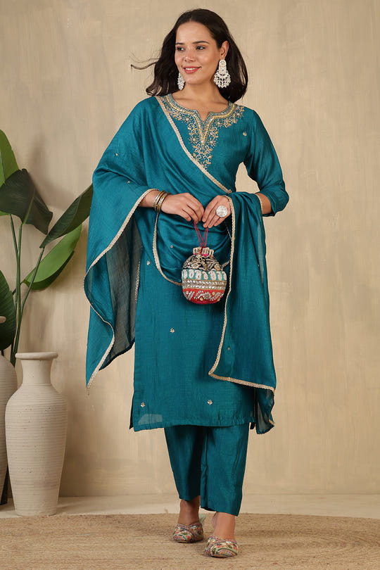 Teal Crepe Silk Neck Embroidered Suit