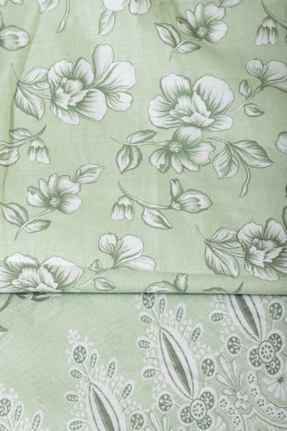 Light Green Cotton Floral Printed And Resham Embroidered Unstitched Suit Material