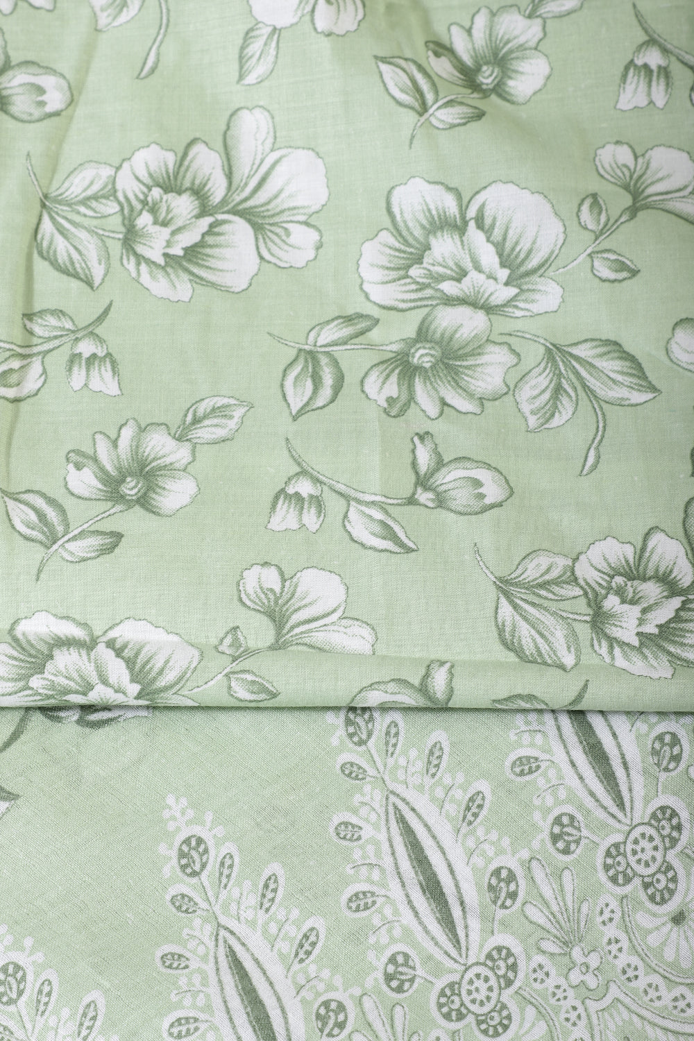 Light Green Cotton Floral Printed And Resham Embroidered Unstitched Suit Material