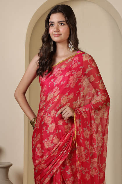 Cardinal Red Chiffon Floral Zari Border & Floral Printed Saree