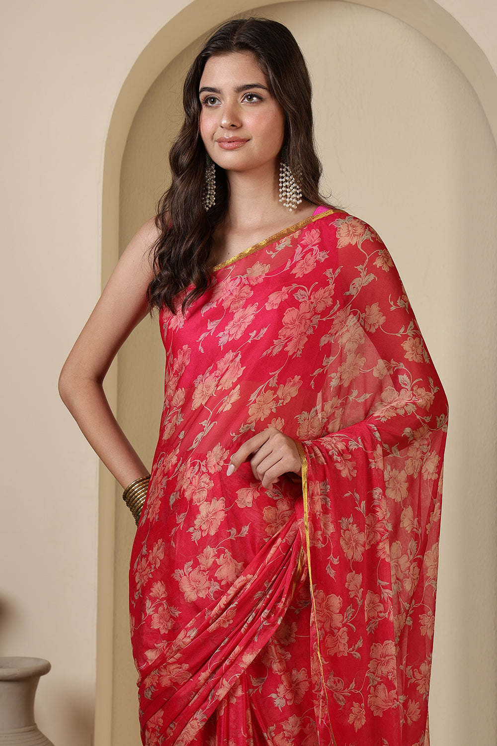 Cardinal Red Chiffon Floral Zari Border Printed Saree