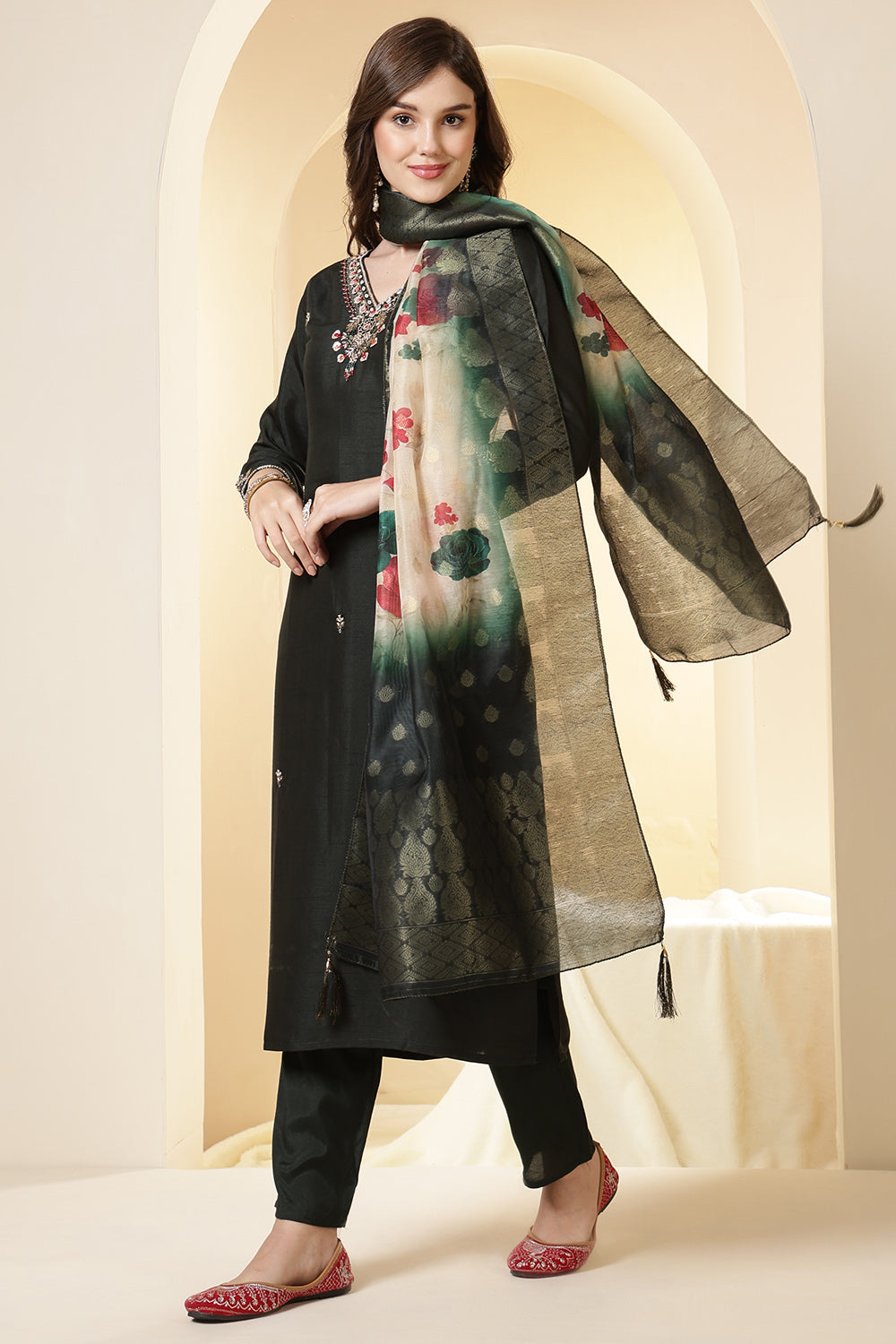 Green Color Silk Suit Set With Neck Embroidered & Floral Printed Dupatta