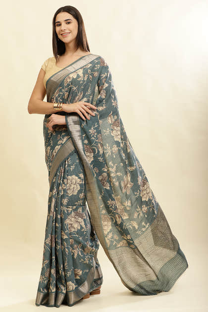 Sea Green Cotton Silk Floral Printed & Zari Border Saree