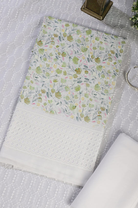 White & Green Cotton Floral Printed and Resham Embroidered Unstitched Suit Material