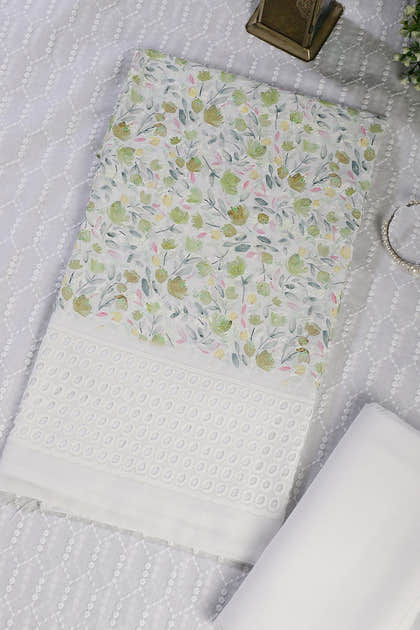 White & Green Cotton Floral Printed and Resham Embroidered Unstitched Suit Material