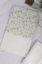 White & Green Cotton Floral Printed and Resham Embroidered Unstitched Suit Material