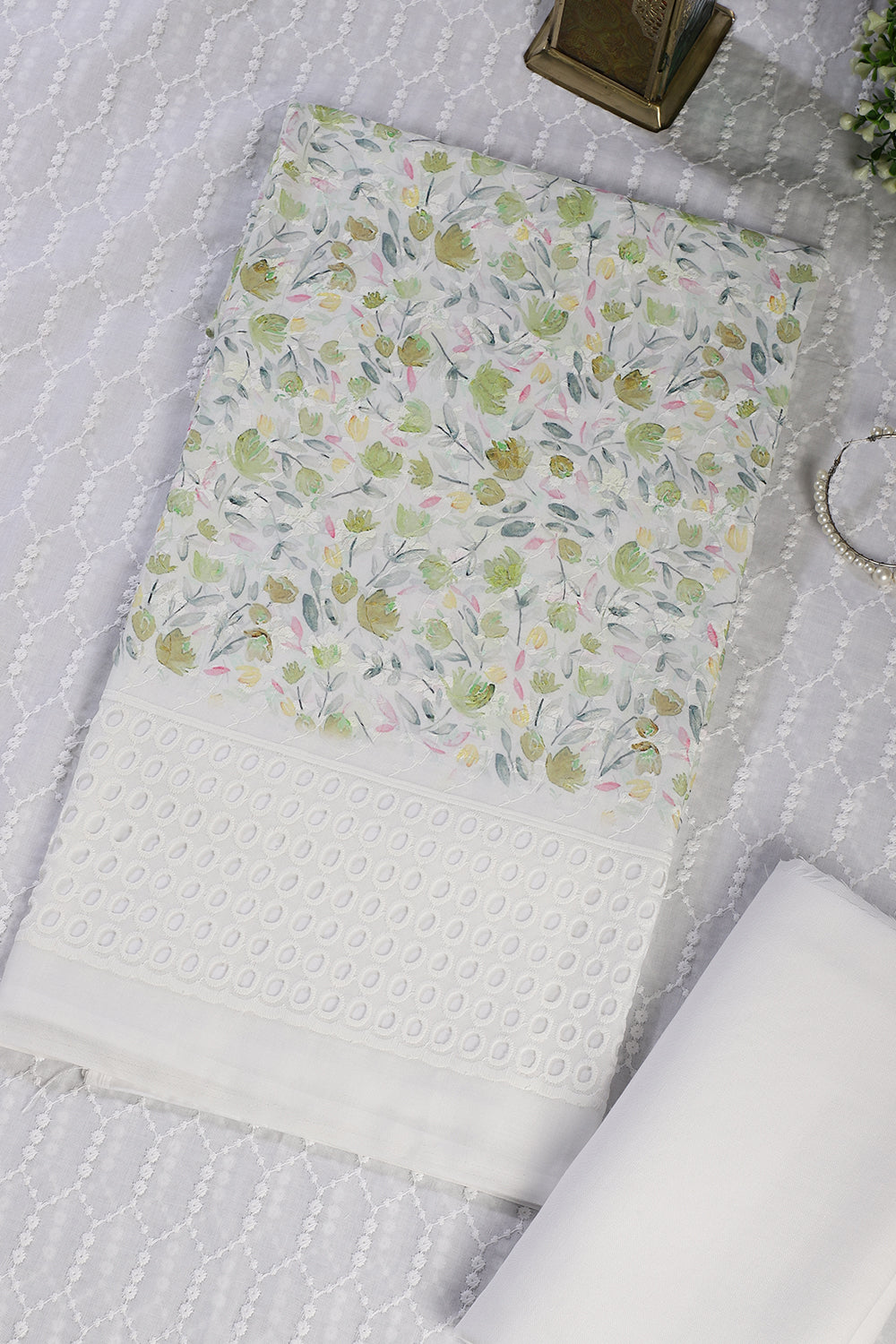 White & Green Cotton Floral Printed and Resham Embroidered Unstitched Suit Material