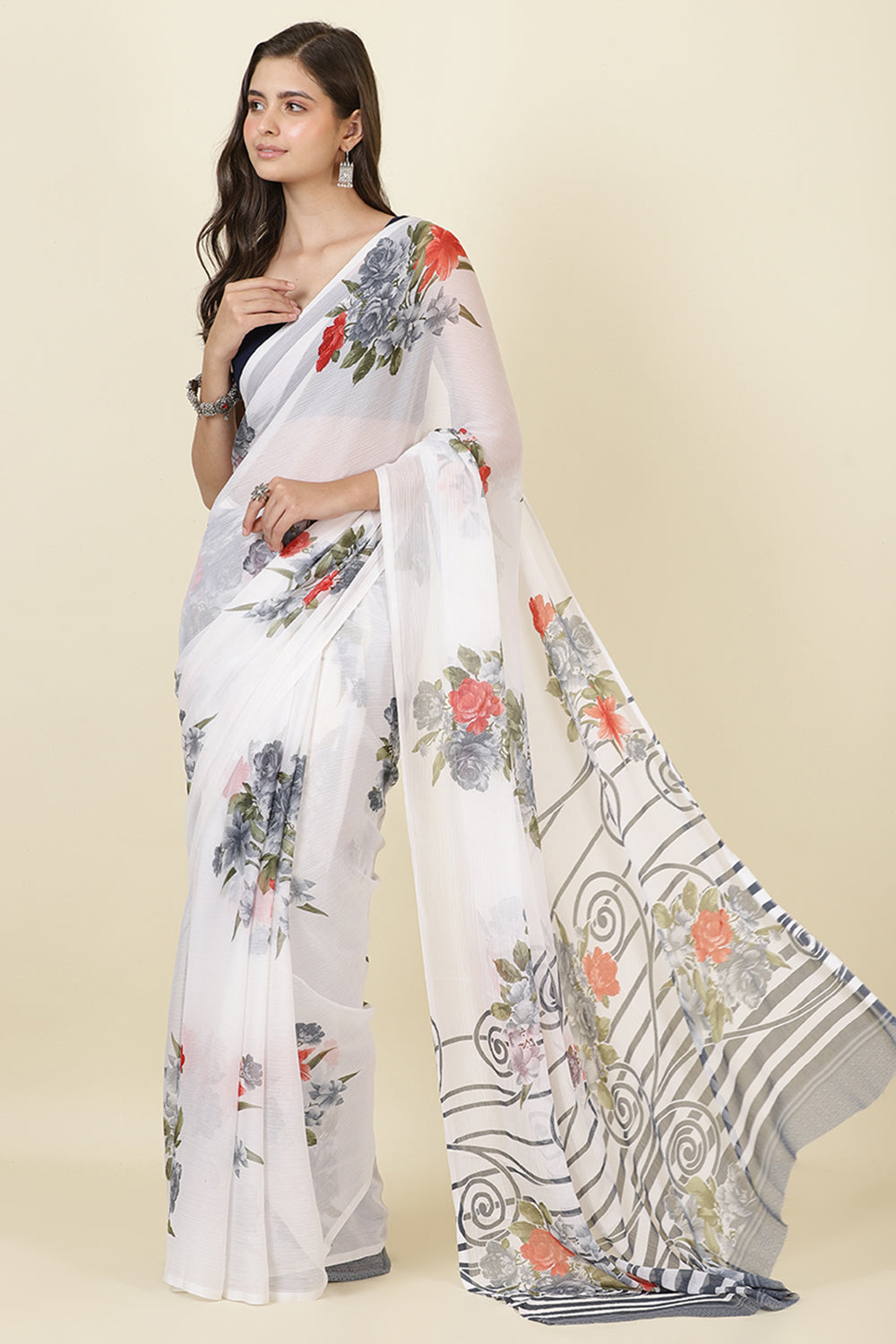 White Georgette Floral Printed Saree
