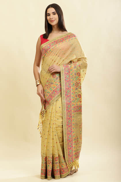 Light Mustard Chanderi Cotton kashida Weaves Saree