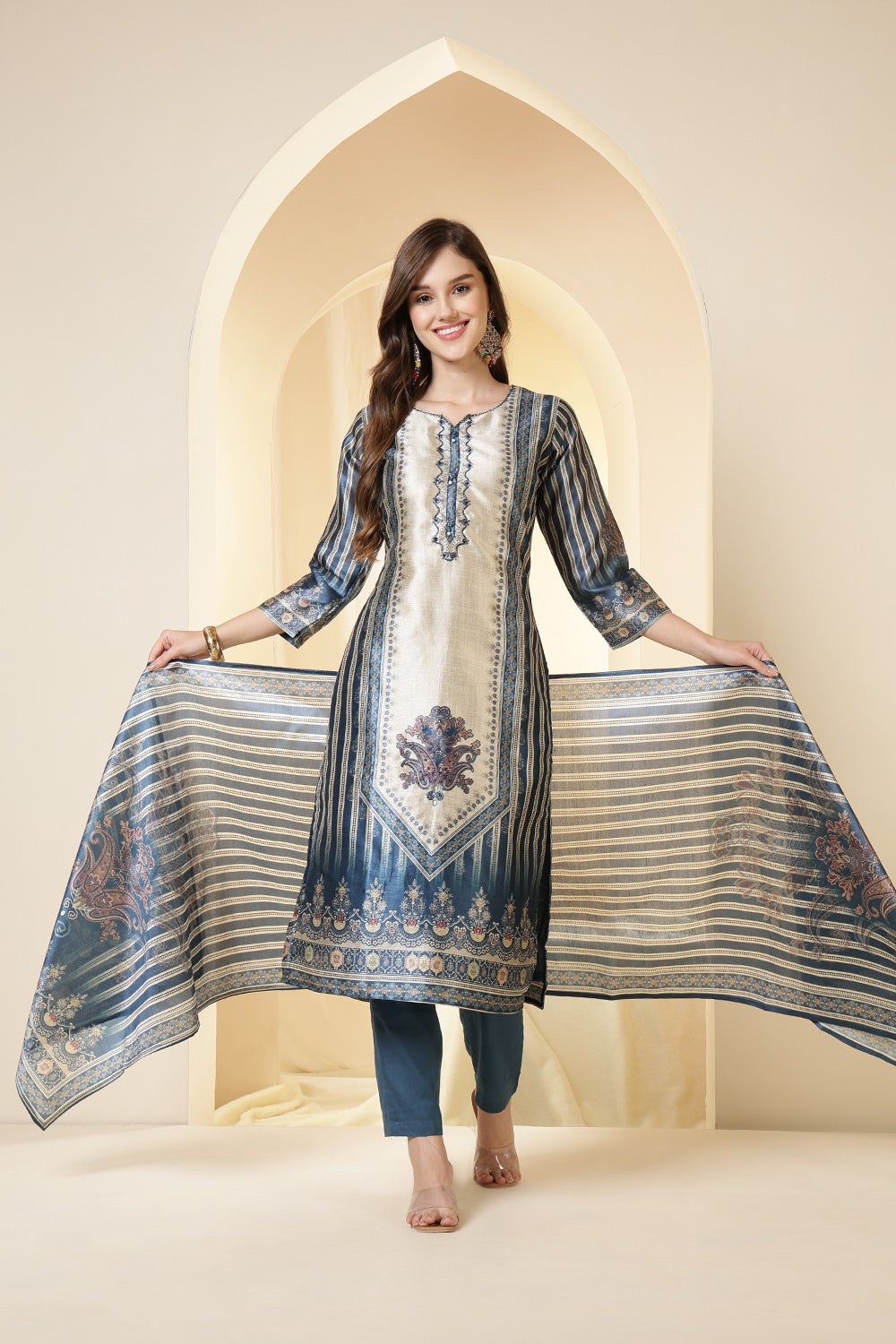 Blue Color Chanderi Silk Printed Straight Suit